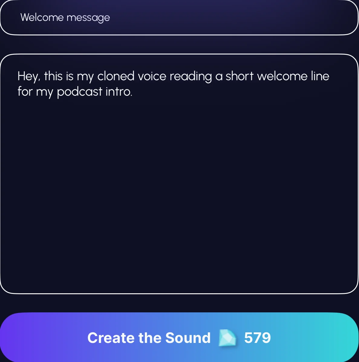 Echo's Enter Text screen with a name, the text to speak, and the Create the Sound button showing its credit cost